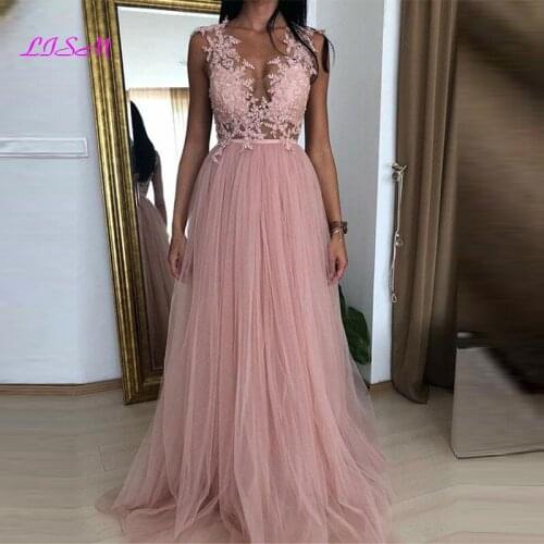 Elegant Pink Prom Dresses 2021 Lace Appliques V-Neck Sleeveless Illusion Tulle Evening Party Gowns vestido fiesta largo