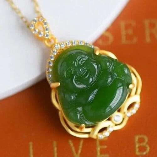 Natural Hetian jade smile Buddha Pendant Necklace Chinese style retro elegant traditional unique ancient gold craft jewelry