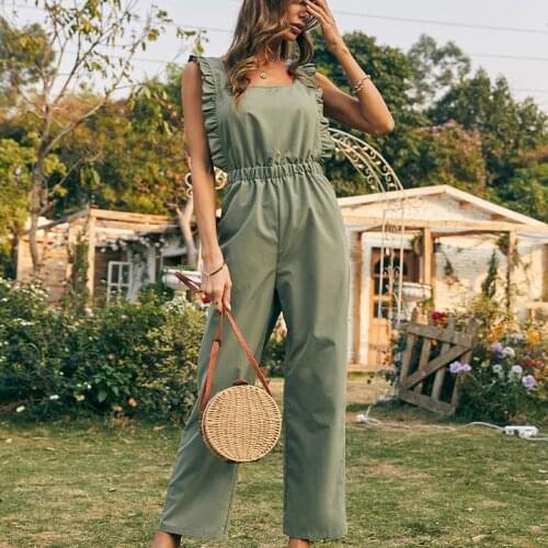 Ruffle Blackless Sleeveless Women Jumpsuit Romper Lace Up Square Collar Tunic Solid Wide Leg Female Long Jumpsuits Summer Casual