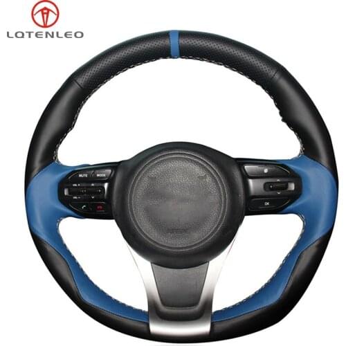 LQTENLEO Black Blue Leather Hand Sewing Car Steering Wheel Cover For Kia Sorento 2015-2018 Carnival 2015-2018 Sedona 2015-2019