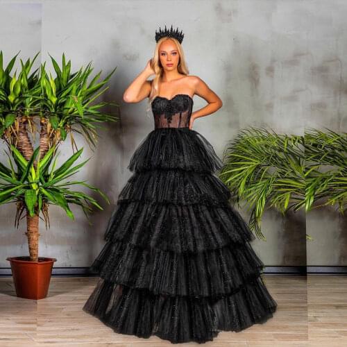 Fashion Black Sexy Thru Elegant Dress Strapless Backless Tulle Ruffles Women Dresses Sequin Long Length Dress