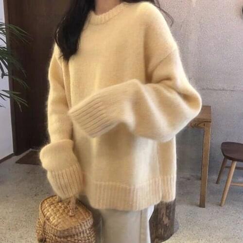 Fashion Mohair Pullover Sweater Loose and Simple Wind Round Neck Jacket Outer Wear
