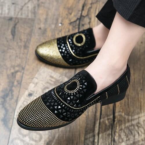 2021 Men Evening Formal Dress Rhinestone Shoes Loafers Casual Shoes Prom Wedding Party Leather slip on Flat Men Black Rhinestone