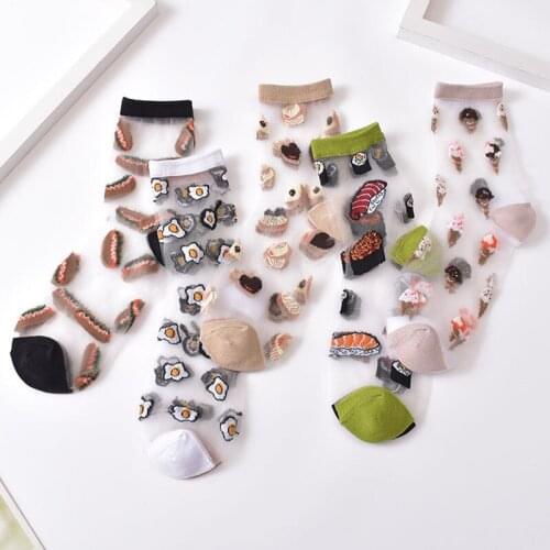 1Pair Japanese Korea Style Socks Womens Casual Creative Transparent Silk Trend Foods Print Ultrathin Glass Silk Socks