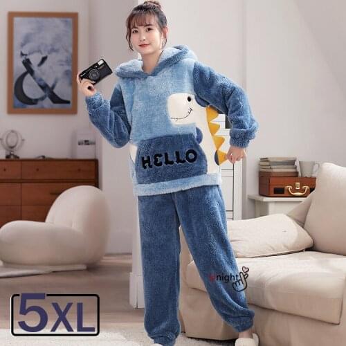 5XL Autumn Winter Warm Flannel Women Pajamas Sets Thick Coral Velvet Long Sleeve Plus Size Cartoon Sleepwear Thin Pyjamas Set