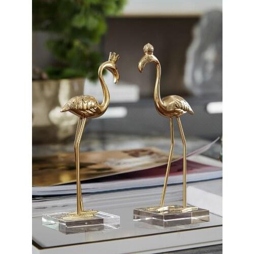 Luxurious Gold King And Queen Flamingo Statues Crystal Decor Crafts Gifts Brass Figurines Desktop Home Decoration Accessories