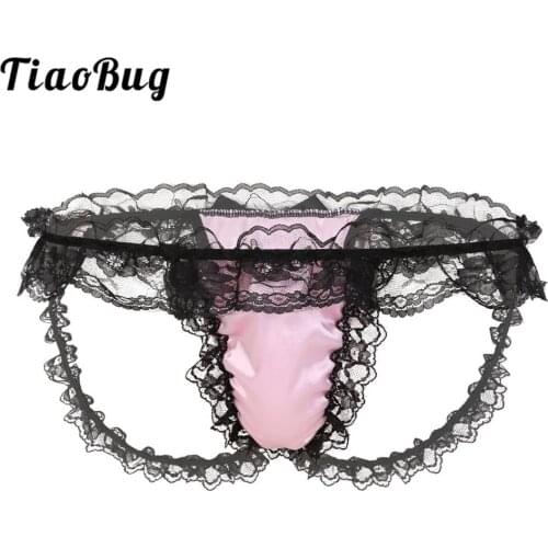TiaoBug Men Soft Satin Frilly Ruffled Lace Sissy Panties Lingerie Low Rise Bulge Pouch Bikini Thong Briefs Sexy Gay Underwear