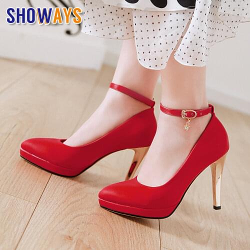 Elegant Women Platform Pumps Red Black Microfiber High Spike Heel Office Party Lady Ankle Strap Pointed Toe Stiletto Dress Shoes
