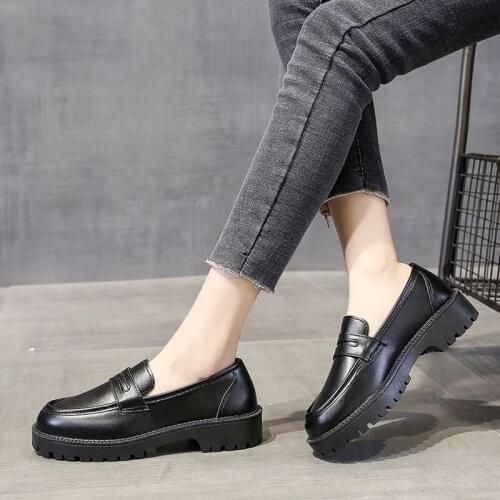 Oxford Shoes for Women New Solid Leather Shoes Woman Slip on Platform Shoes Women Round Toe Heels Casual Shoes Plus Size