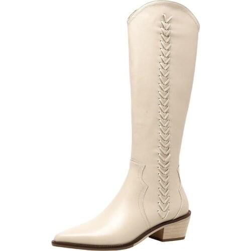 Autumn Winter Top Quality Womens Western Boots with Zipper 5cm High Heeled Platform Pointed Toe Knee High Ladies Shoes Weaving