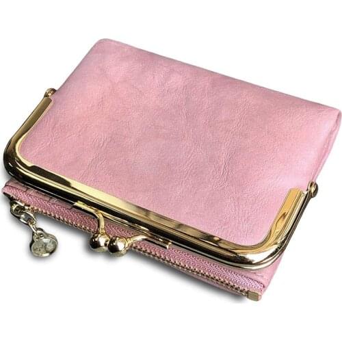 Womens Short Wallet Bifold Retro Multifunction Coin Purse with Zip and Kiss Lock Pink