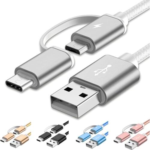 2 in 1 Type C Micro USB Mobile Phone Cables 1m Nylon Braided Data Charging Cable USB 2.0 for Xiaomi 6 Oneplus S8 S7 for Samsung