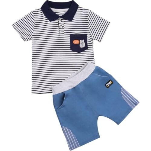 2021 Boys Clothing Striped Shirt Short Pants Suit Lapel Neck Short Sleeve Carton Bear Top Running Side Pocket Bottoms Costume