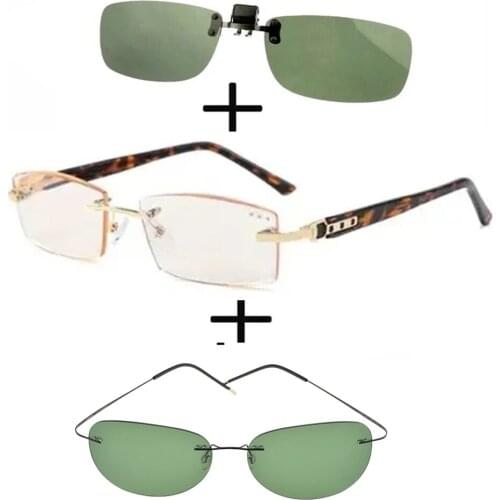 3Pcs!!! Titanium Gentleman Diamond Cut Reading Glasses Men Women + Polarized Sunglasses Ultralight Thin Leg + Sunglasses Clip