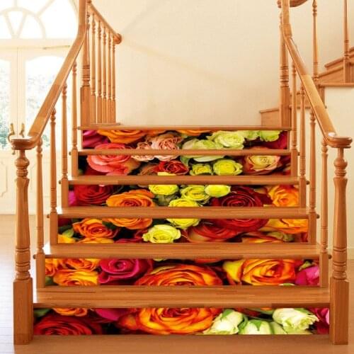 6pcs Waterproof Stairway Stickers Flowers Series DIY Staircase Floor Wall Decor Removable Home Decoration 3D Stair Sticker Rose