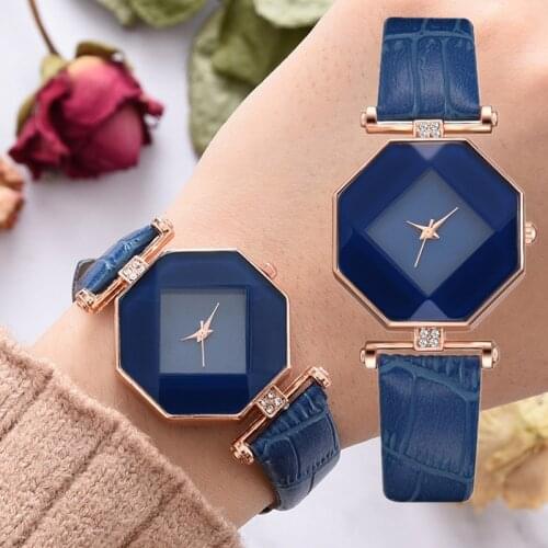 Fashion Dress Watch Ladies Gifts Clock Women Watches Gem Cut Geometry Crystal Leather Quartz Wristwatch Relogio Feminino