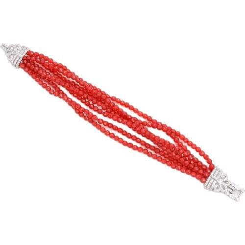 JK 8'' 7 Rows Red Jade Gems Stone Bracelet Cz Clasp