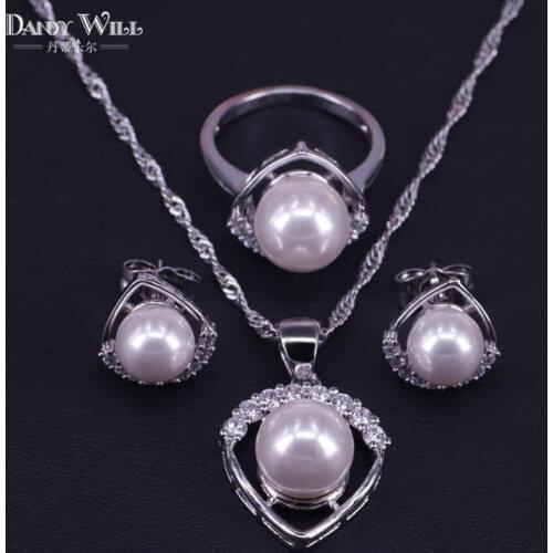 White silver color jewelry set women,natural freshwater pearl pendant necklace earring rings sets party gift