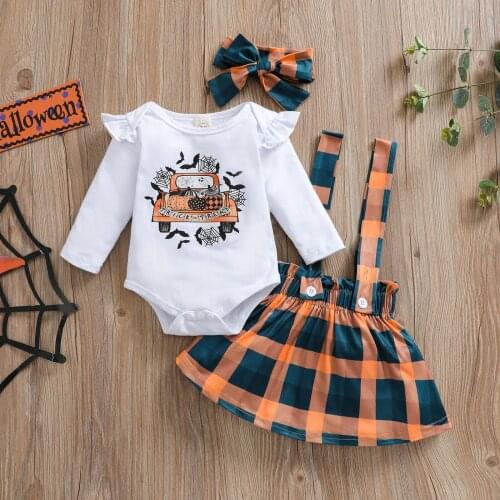 Ma&Baby 0-24M Halloween Baby Girls Costumes Newborn Infant Girl Clothes Set Long Sleeve Pumpkin Car Romper Plaid Skirts Outfits