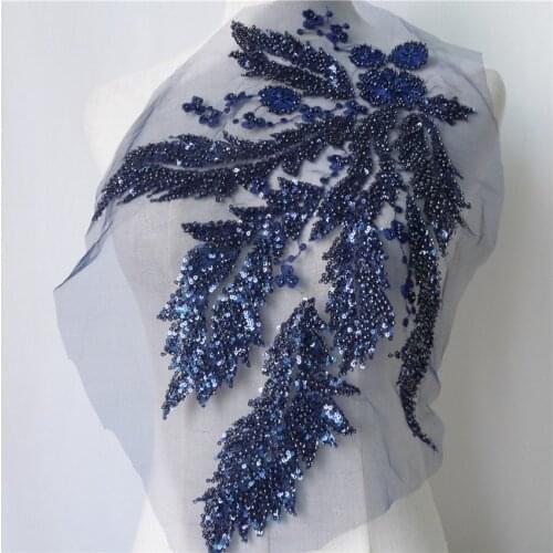 Leaves Pearl Beaded Lace Applique With Sequins Trim DIY Embroidery Lace Fabric for Sewing Craft Wedding Dress Decor