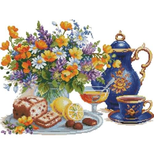 -mn 120-021 - flower tea dessert Cross Stitch Set Cross-stitch Kit Embroidery Needlework Craft Packages Cotton Fabric Floss