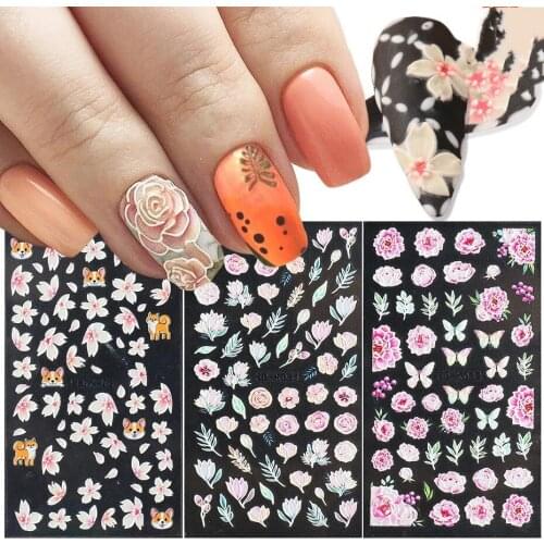 Nail Stickers 5D Stereoscopic Back Glue Relief Butterfly Colored Leaf Flower Nail Baita Shape Designer Decal Art Stickers Nails