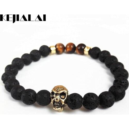 2015 New Design Jewelry ,8mm Tiger Eye and Black Lava stone beads Bracelet ,New Gold Skull Bracelets Charm Beads Mens Bracelets