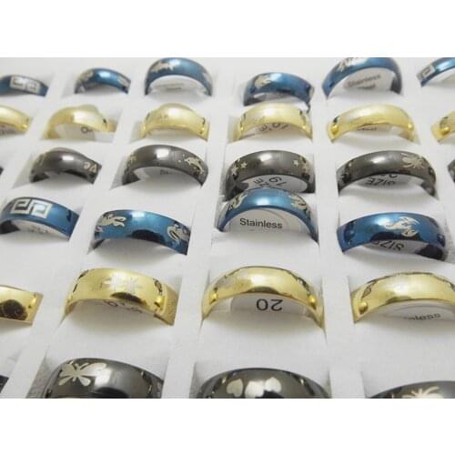 Wholesale 50 pcs 6mm Three-color mix Inner and outer arc marking Stainless steel rings Fashion Jewelry