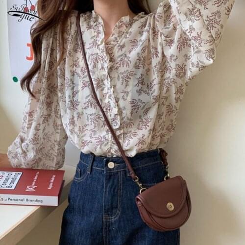 Autumn Sweet Printed Floral Blouse Casual Slim Chiffon Top Womens Puff Sleeve Womens Top Cardigan Blopuses Blusas 10314