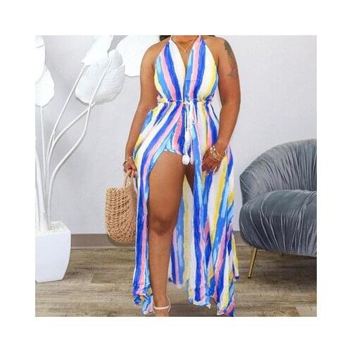 Dress Womens Open Back New Sling Vest Shorts Two Piece Suit Fashion Sexy Deep V-Neck Stripe Irregular Leisure Commuting Suit