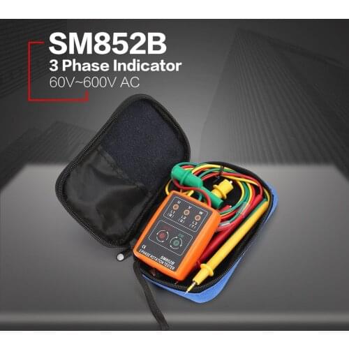 SM852B 3 Phase Rotation Tester Digital Phase Indicator Detector LED Buzzer Phase Sequence Meter Voltage Tester 60V~600V AC