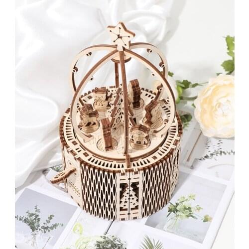 Rotatable DIY 3D Wooden Model Building Block Carousel Assembly Music Box Toy Gift for Children Adult