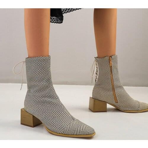 Women shoes 2021 Ankle boots goth shoes Square heel shoes for women Black orange stripes 34-48