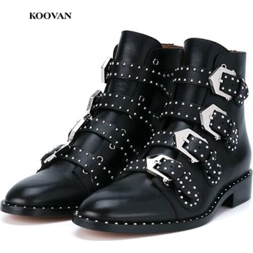 Koovan Women Leather Boots 2018 New Female British Students Short Boots Womens Shoes Single Shoes For Women Girls Buckles