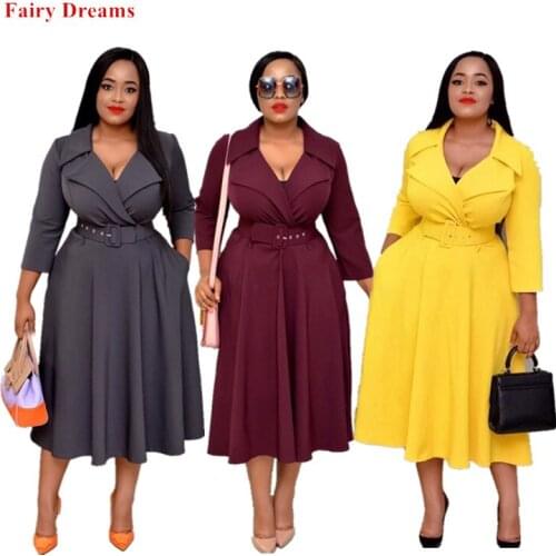 Women African Dress 2020 Spring Autumn Summer Ladies Office Midi Dresses Gray Red Yellow Plus Size African Clothing XXXL