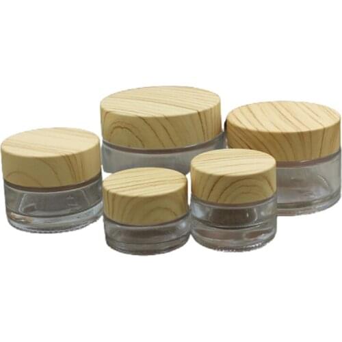15pieces New False Wood Plastic Cover Clear Glass Jar Packaging Bottle Cosmetic Container Cream Jars 5G 10G 15G 30G 50G
