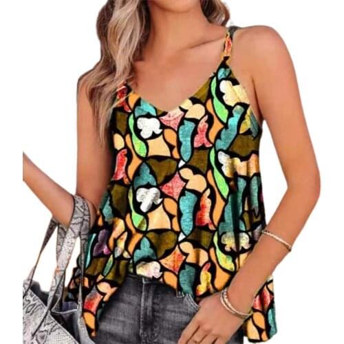 2021 Summer Women Cami Top Casual Colorful Printed Sleeveless V-Neck Tops Loose Beach Sling Vest Female Strips Tops Plus Size