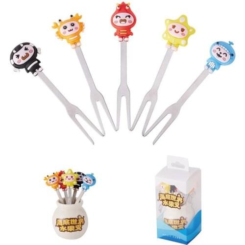 5Pcs/Set Cute Ocean Mini Animal Cartoon Forks Stainless Steel Fruit Picks Dessert Coffee Ceramic Handle Party Supplies For Kids
