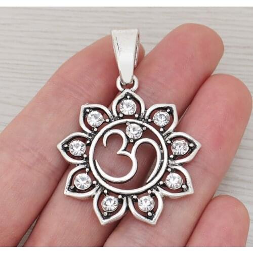 5 x Tibetan Silver Hindu OM AUM Crystal Rhinestone Yoga Lotus Flower Charms Pendants for Necklace Jewelry Making 52x36mm