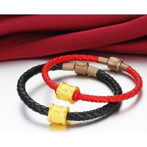 999 Real 24K Yellow Gold Bracelet Women Luck 3D Six-word Motto with Leather Bracelet 1-1.5g