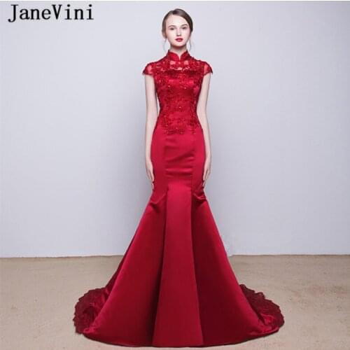 JaneVini 2018 Burgundy Satin Mother of The Bride Dresses High Neck Lace Applique Sequined Mermaid Long Evening Gowns Sweep Train