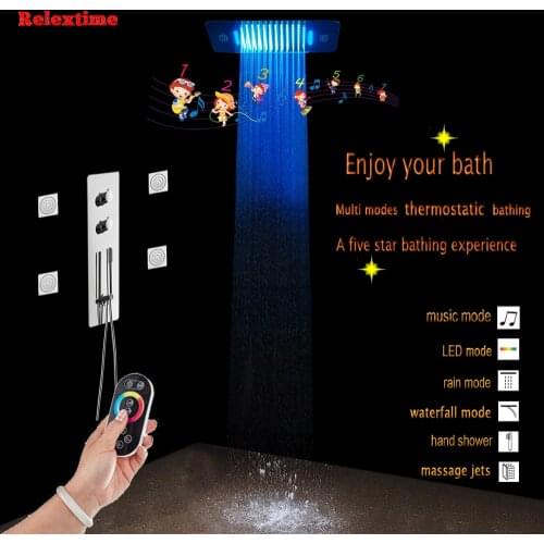 Bluetooth Music LED Ceiling Shower Head Bathroom Shower Panel Thermostatic Concealed Mixer Shower Speaker System Massage Jets