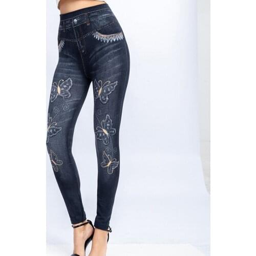 Fake Jeans Leggings Butterfly Print Ankle Length Pants Super Stretchy Skinny Imitation Jeans Leggings 2021 Women High Waist