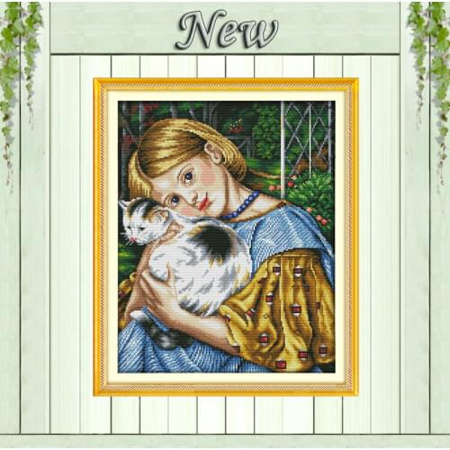Europe Beauty Girl and cat (3) Painting,Pattern Printed on the canvas DMC 14CT 11CT Cross Stitch Needlework Kits Embroidery Sets