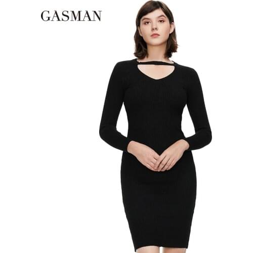GASMAN NEW 2021 Womens dress fashion Slim V-neck long Party dresses personality knitting elegant brand evening dresses GM004