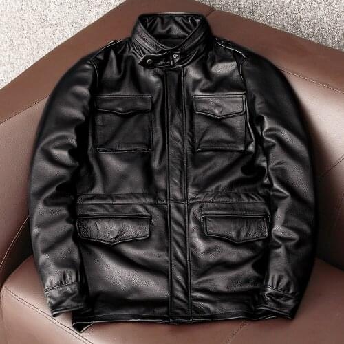 Genuine Cowhide Mens Autumn Mid-length Leather Jacket Trench Coat Fashion Slim Motorcycle Suit Black Leather Jacket XL 2XL