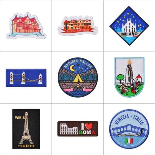 50pcs/lot Embroidery Patch Castles House Bridges Mountains Nature Clothing Decoration Diy Iron Heat Transfer Applique