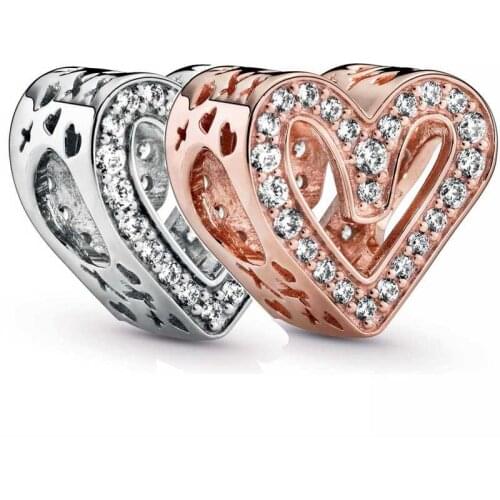 Original Openwork Rose Sparkling Freehand Heart With Crystal Beads Fit 925 Sterling Silver Charm Bracelet DIY Jewelry