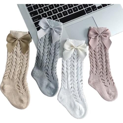 Cute Baby Girls Socks 3/4 Knee High Plain Ribbed Kniting Socks Lace Cotton Bow Little Girls Socks 0-3 Years