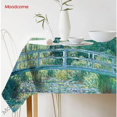 Claude Monet Impressionism Oil Painting Waterproof Dining Table Cloth Summer Lily Garden Tropical Plants Green Linen Tablecloth